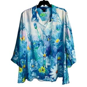 Ali Miles Womens 2X‎ Blue Butterfly Floral Button Up Top NWT Tunic